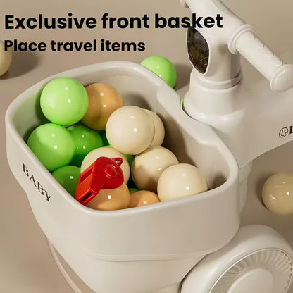 Bicicleta/Scooter de Equilibrio 4 Ruedas con Cesta | Vehículo Giratorio para Niños de 3 a 14 Años | Diseño Beige de Almacenamiento