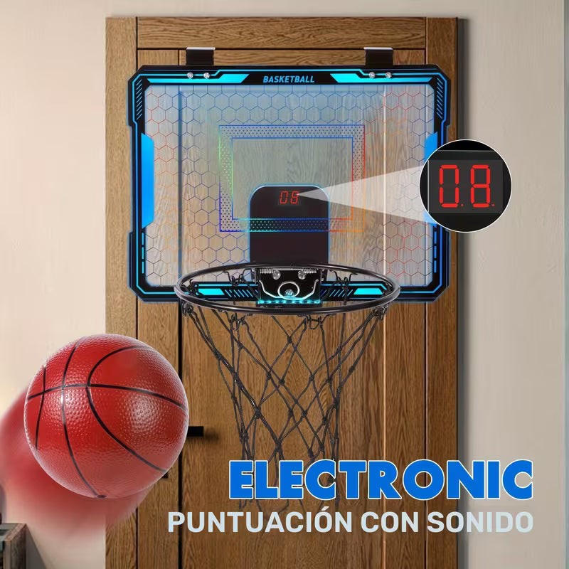 Aro de Baloncesto MQUDUO para Puerta | Tablero con Luces de Colores + Pizarra de Puntuación | Para Niños y Adultos