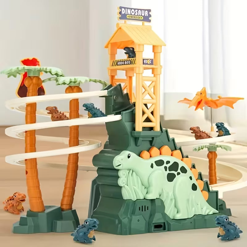 🦖✨🎶 Juguete de Dinosaurio para Niños y Bebés | Escaleras Eléctricas con Luz y Sonido | Deslizamiento de Doble Pista