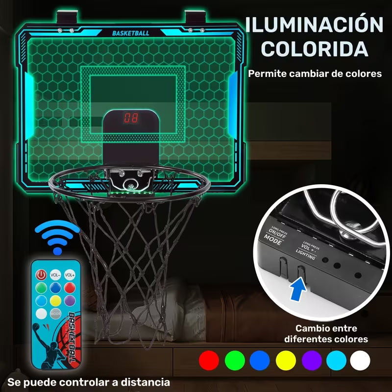 Aro de Baloncesto MQUDUO para Puerta | Tablero con Luces de Colores + Pizarra de Puntuación | Para Niños y Adultos