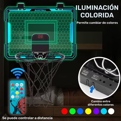 Aro de Baloncesto MQUDUO para Puerta | Tablero con Luces de Colores + Pizarra de Puntuación | Para Niños y Adultos