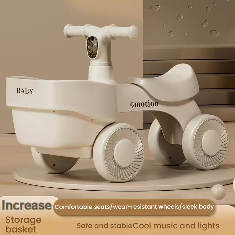 Bicicleta/Scooter de Equilibrio 4 Ruedas con Cesta | Vehículo Giratorio para Niños de 3 a 14 Años | Diseño Beige de Almacenamiento