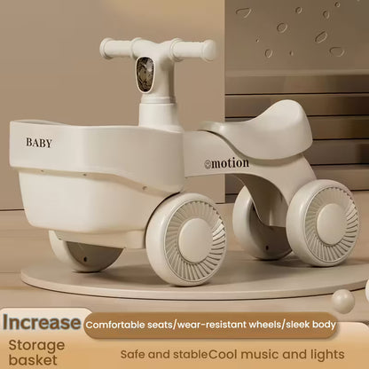 Bicicleta/Scooter de Equilibrio 4 Ruedas con Cesta | Vehículo Giratorio para Niños de 3 a 14 Años | Diseño Beige de Almacenamiento