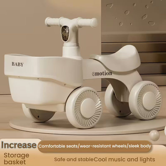 Bicicleta/Scooter de Equilibrio 4 Ruedas con Cesta | Vehículo Giratorio para Niños de 3 a 14 Años | Diseño Beige de Almacenamiento