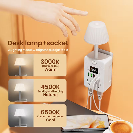 🔌⏰💡✨ Regleta de Energía con Reloj y Lámpara de Escritorio | 4 Tomacorrientes + USB-A y USB-C | Solución Todo en Uno