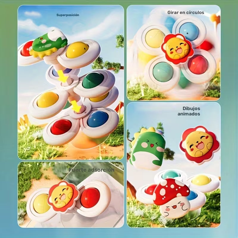 3-Pack de Trompos de Succión de Caricaturas para Bebés 🎨👶 | Sonajeros Educativos, Aprendizaje Temprano y Juguetes de Torsión Apilables