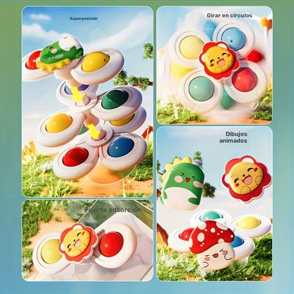 3-Pack de Trompos de Succión de Caricaturas para Bebés 🎨👶 | Sonajeros Educativos, Aprendizaje Temprano y Juguetes de Torsión Apilables
