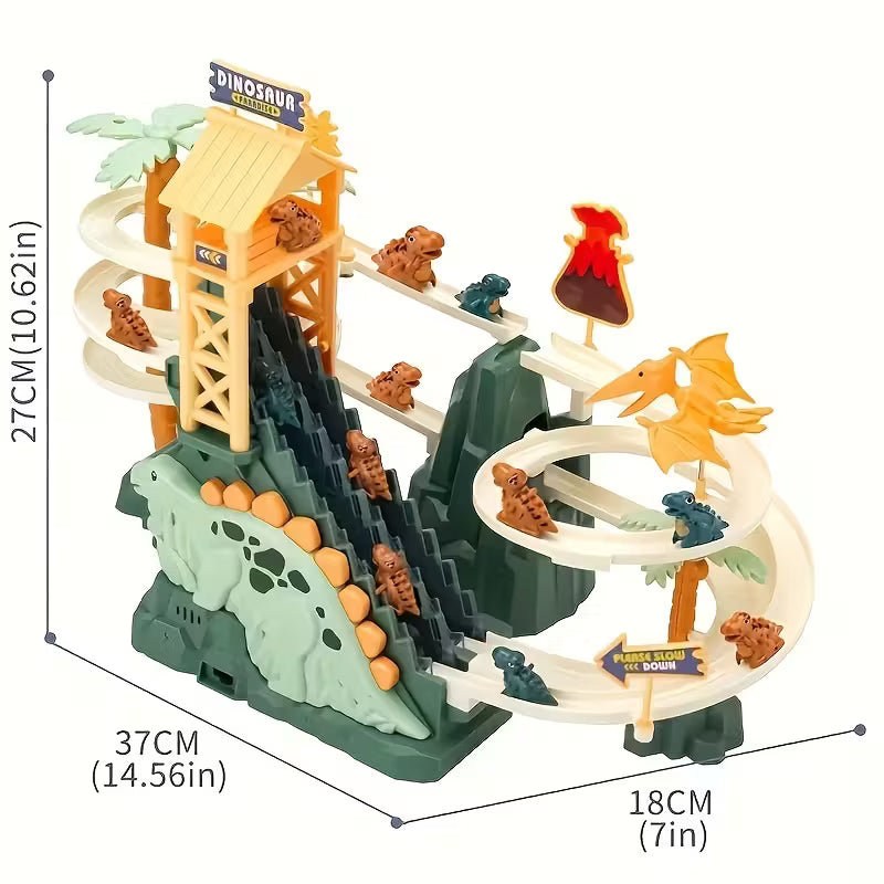 🦖✨🎶 Juguete de Dinosaurio para Niños y Bebés | Escaleras Eléctricas con Luz y Sonido | Deslizamiento de Doble Pista