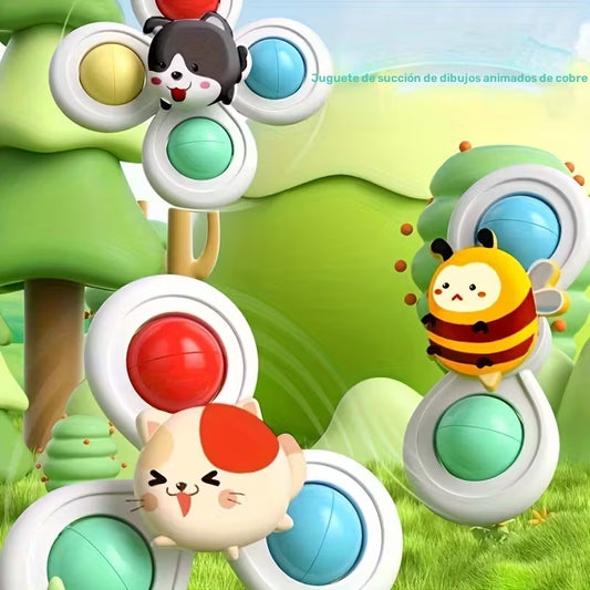 3-Pack de Trompos de Succión de Caricaturas para Bebés 🎨👶 | Sonajeros Educativos, Aprendizaje Temprano y Juguetes de Torsión Apilables