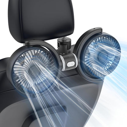 Ventilador Doble de Coche – Refrigeración Rápida para Asiento Trasero con Rotación 360° y Alimentación USB