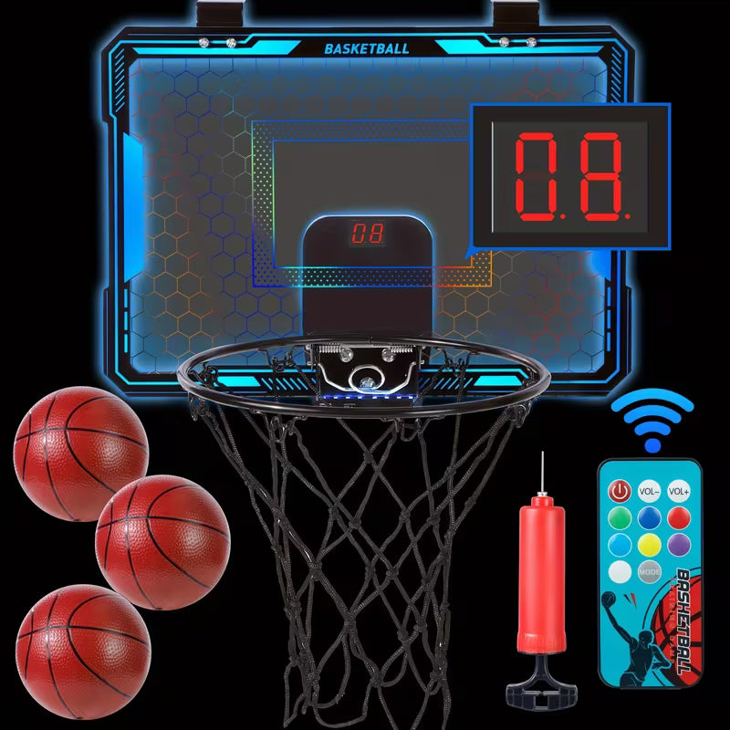 Aro de Baloncesto MQUDUO para Puerta | Tablero con Luces de Colores + Pizarra de Puntuación | Para Niños y Adultos