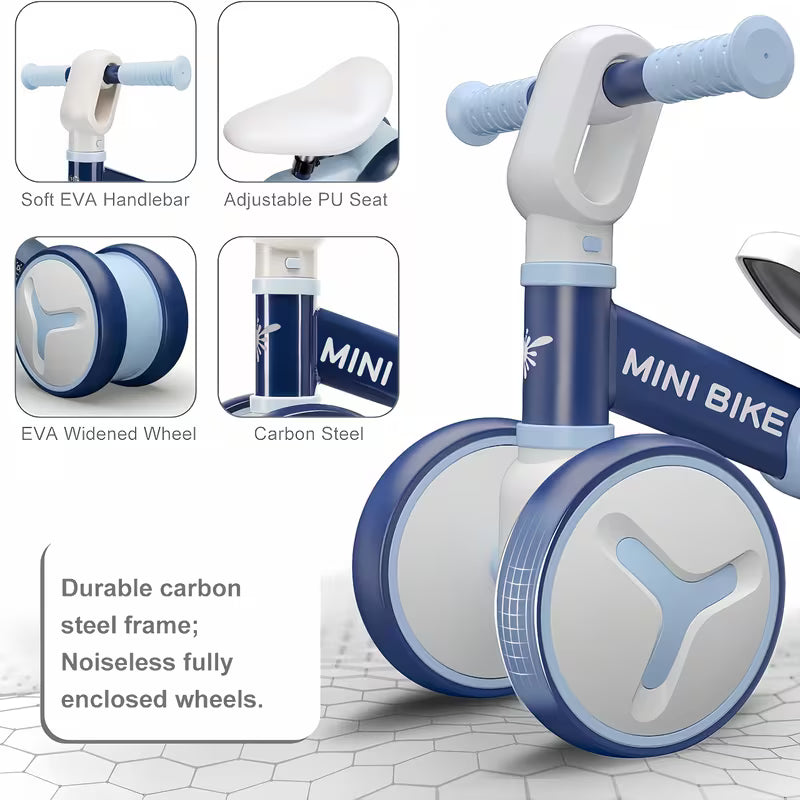 Bicicleta de Equilibrio para Niños (1–3 Años) | 4 Ruedas Antivuelco, Marco de Acero, Asiento Ajustable y Dirección Segura 135°