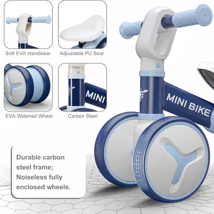 Bicicleta de Equilibrio para Niños (1–3 Años) | 4 Ruedas Antivuelco, Marco de Acero, Asiento Ajustable y Dirección Segura 135°