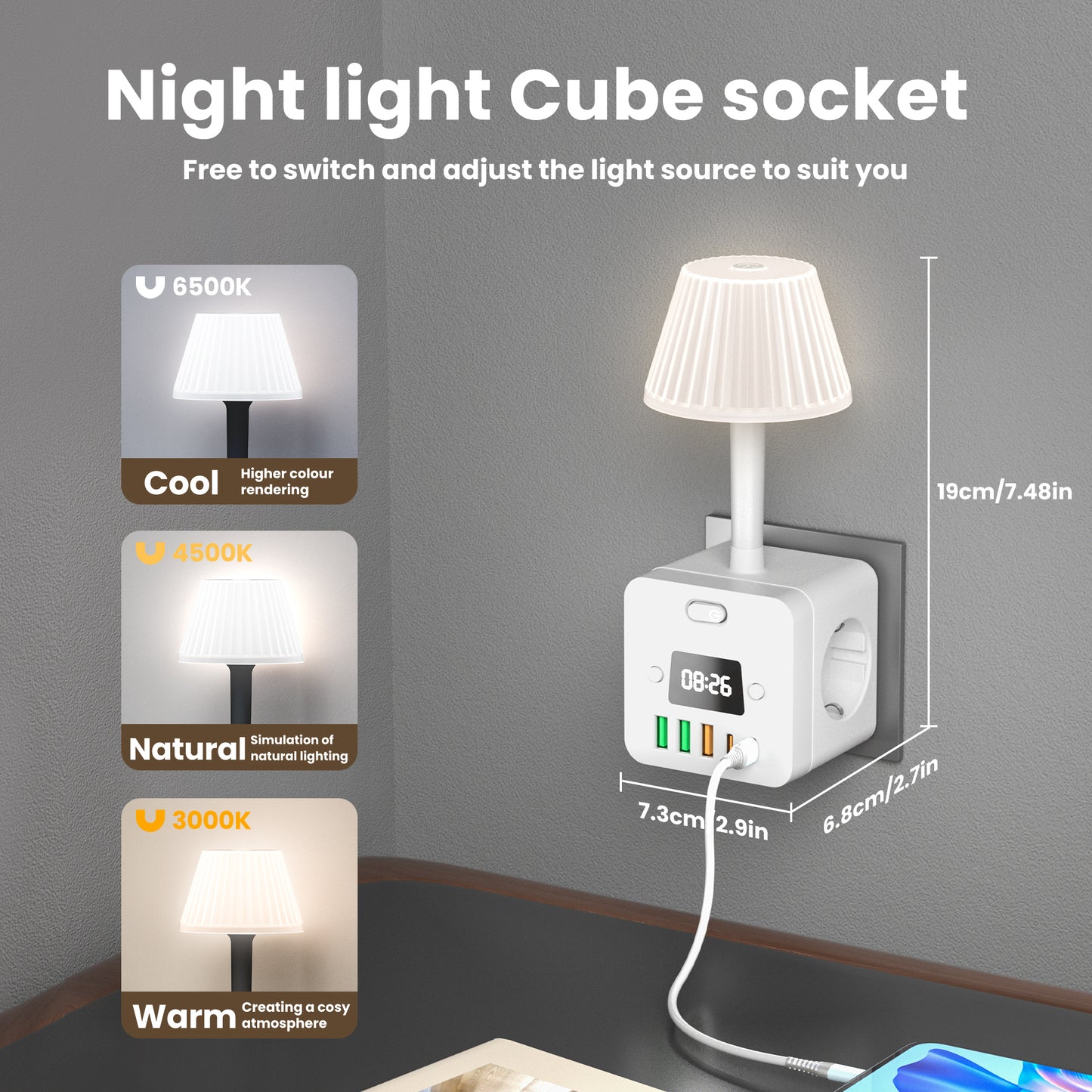 🔌⏰💡✨ Regleta de Energía con Reloj y Lámpara de Escritorio | 4 Tomacorrientes + USB-A y USB-C | Solución Todo en Uno