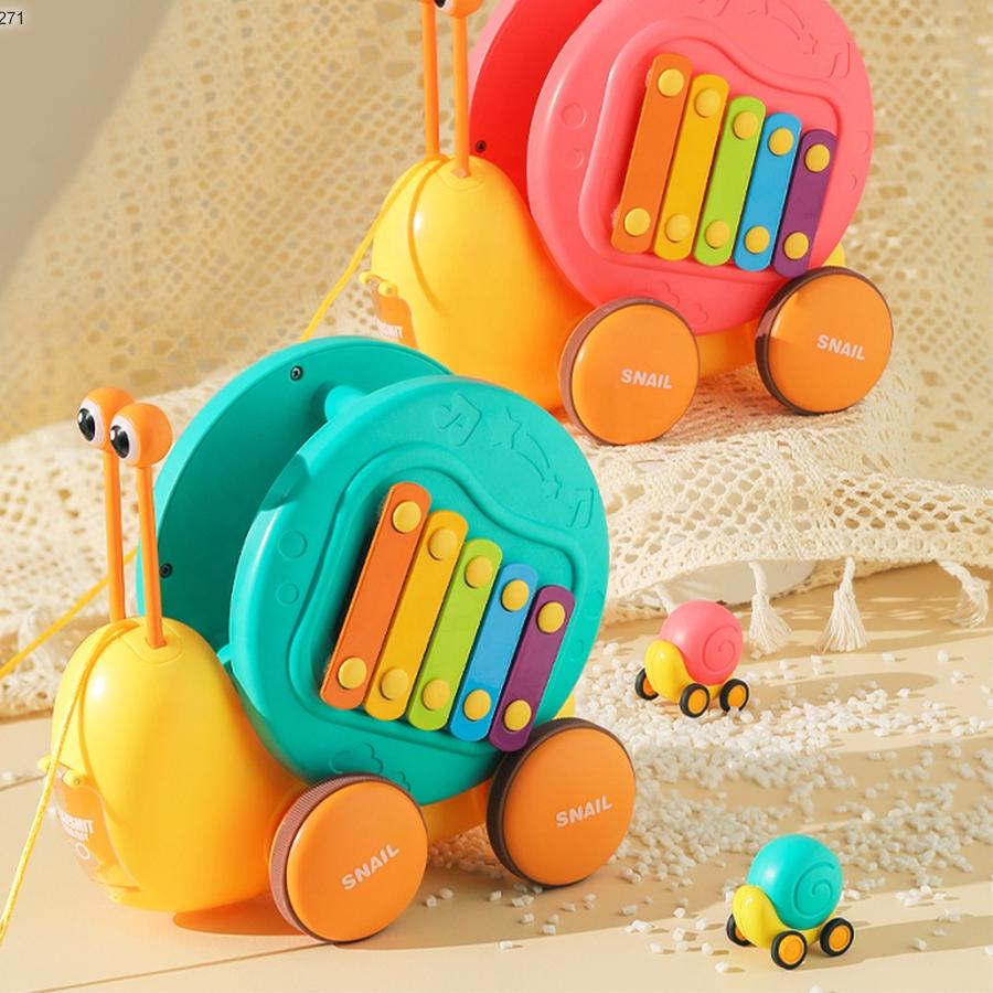 Xilófono Educativo para Bebés | Caracol Musical con Engranajes + Piano y Carrito de Arrastre | Juguete Sensorial de Dibujos Animados