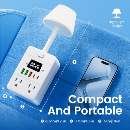 🔌⏰💡✨ Regleta de Energía con Reloj y Lámpara de Escritorio | 4 Tomacorrientes + USB-A y USB-C | Solución Todo en Uno