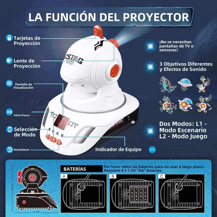 PISTOLA LÁSER DE JUGUETE CON PROYECTOR Y PANTALLA LED