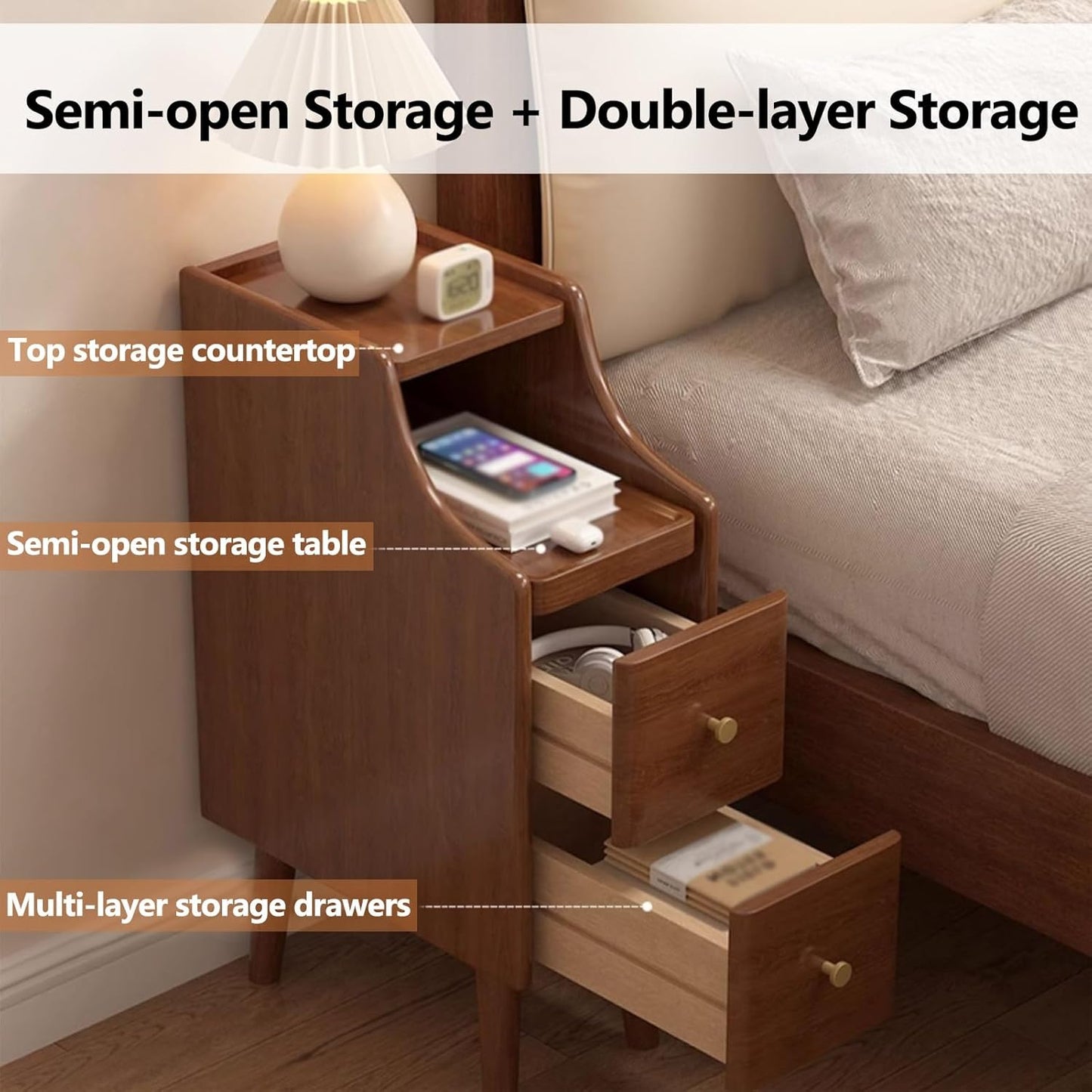 Mesita de Noche Estrecha de Madera Maciza