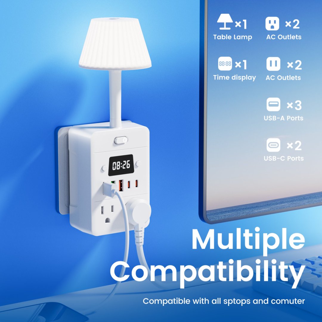 🔌⏰💡✨ Regleta de Energía con Reloj y Lámpara de Escritorio | 4 Tomacorrientes + USB-A y USB-C | Solución Todo en Uno
