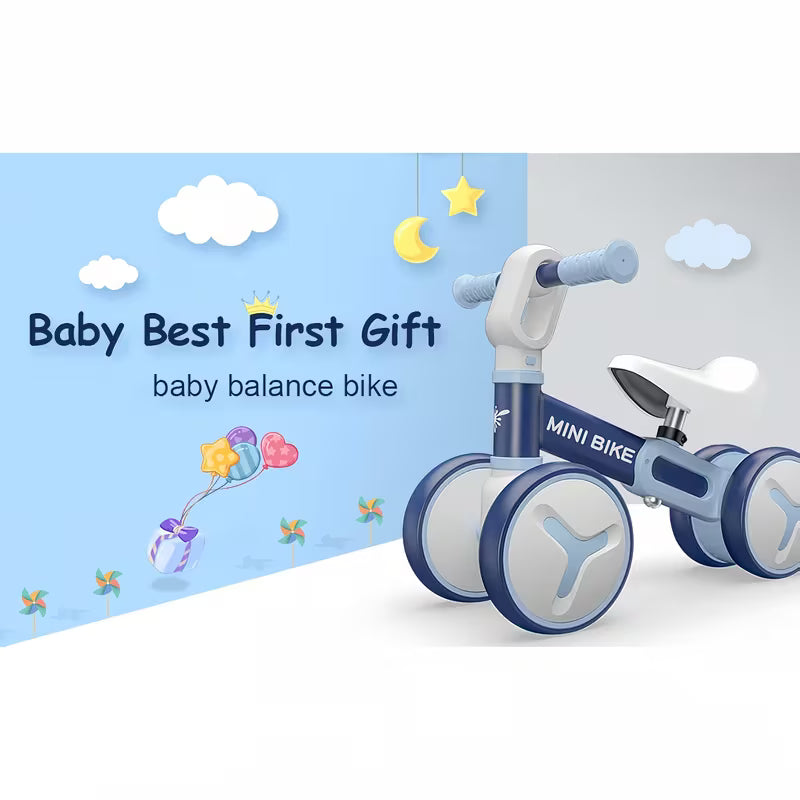 Bicicleta de Equilibrio para Niños (1–3 Años) | 4 Ruedas Antivuelco, Marco de Acero, Asiento Ajustable y Dirección Segura 135°