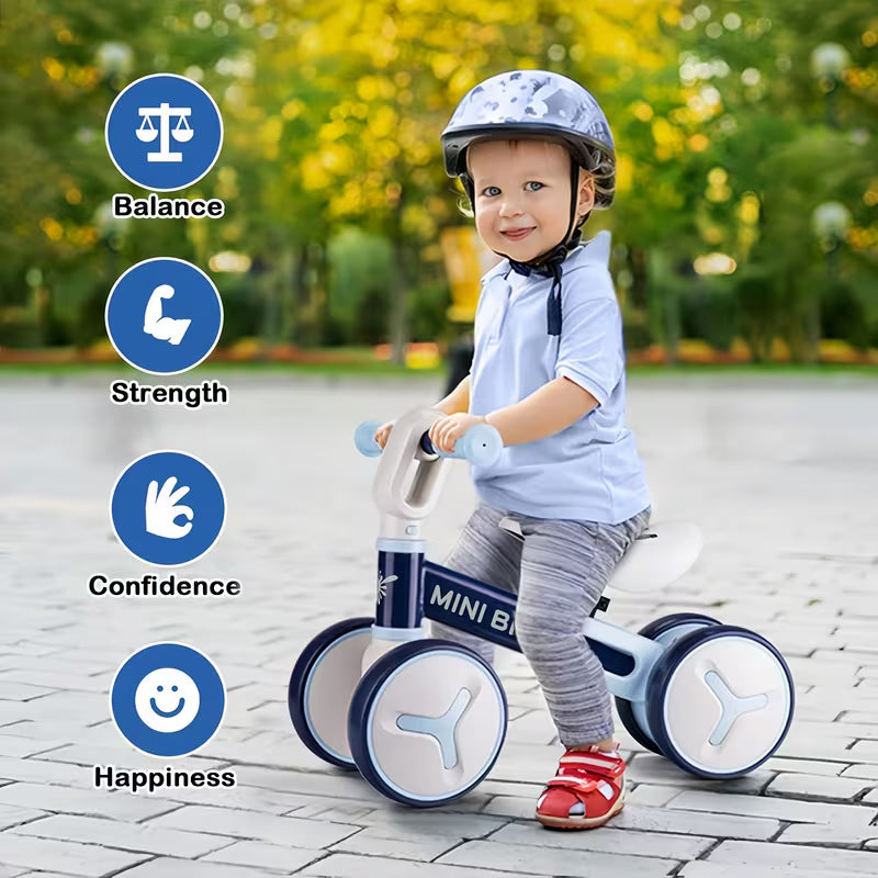 Bicicleta de Equilibrio para Niños (1–3 Años) | 4 Ruedas Antivuelco, Marco de Acero, Asiento Ajustable y Dirección Segura 135°
