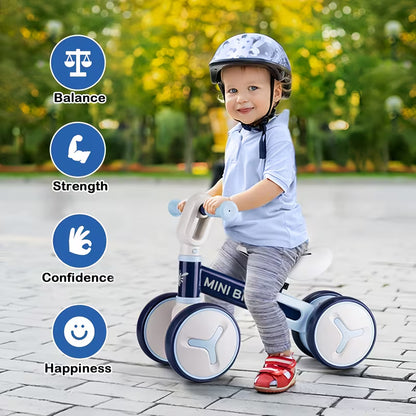Bicicleta de Equilibrio para Niños (1–3 Años) | 4 Ruedas Antivuelco, Marco de Acero, Asiento Ajustable y Dirección Segura 135°