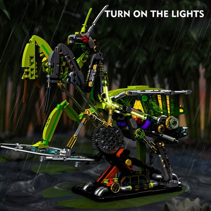 Tech Mecánica Mantis – Modelo de Insecto con Base Iluminada | Exhibición Realista • Bloques de Construcción • Mundo Animal • Juguete de Montaje Educativo