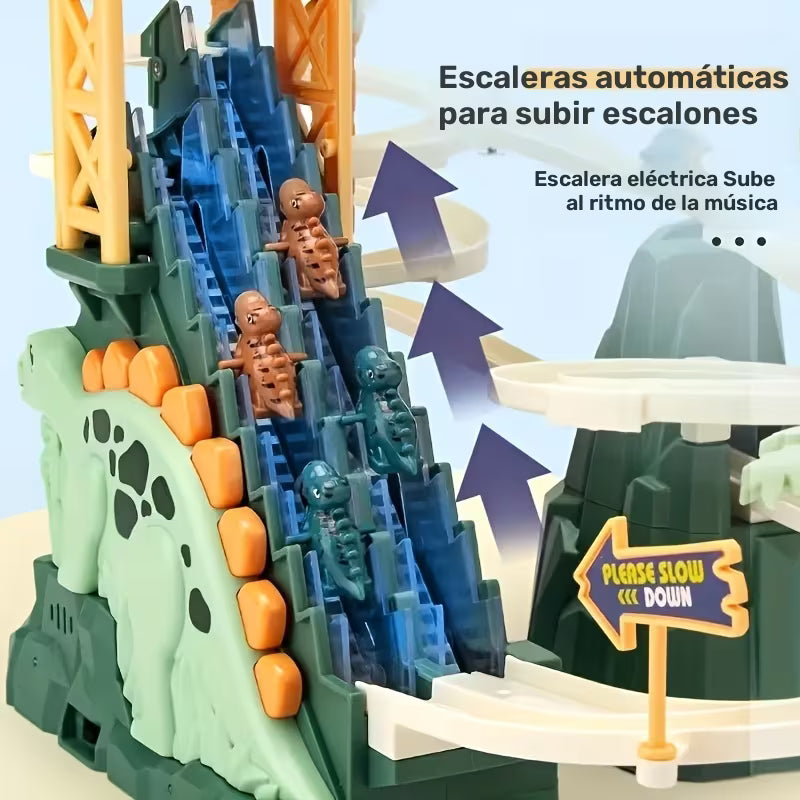 🦖✨🎶 Juguete de Dinosaurio para Niños y Bebés | Escaleras Eléctricas con Luz y Sonido | Deslizamiento de Doble Pista