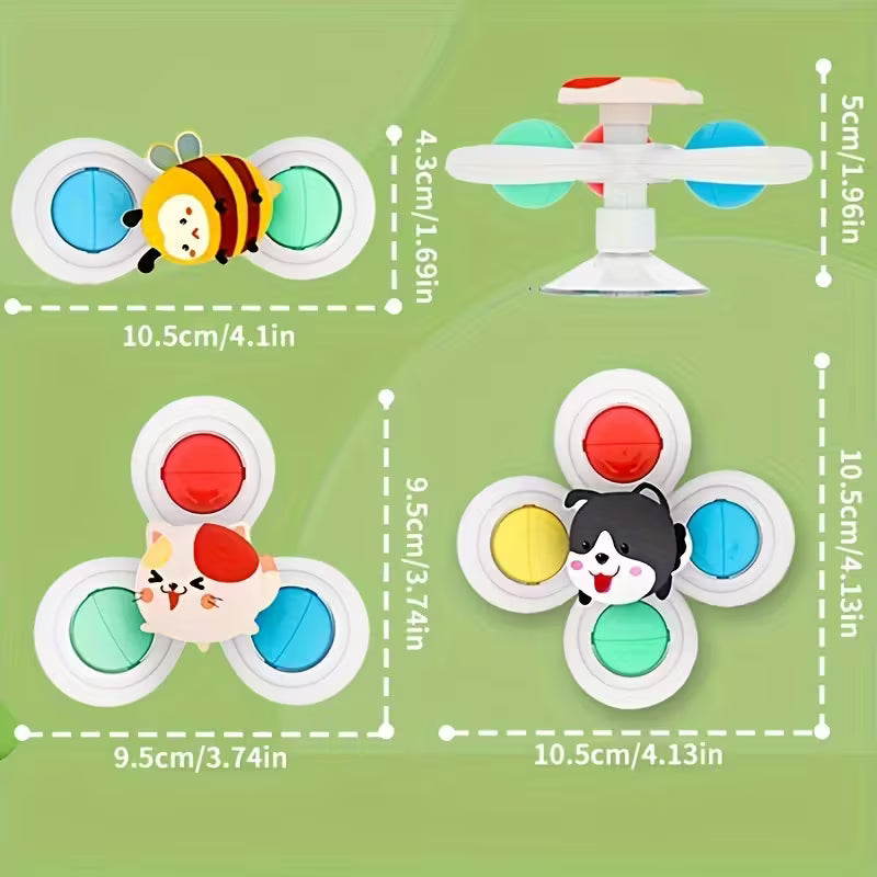 3-Pack de Trompos de Succión de Caricaturas para Bebés 🎨👶 | Sonajeros Educativos, Aprendizaje Temprano y Juguetes de Torsión Apilables